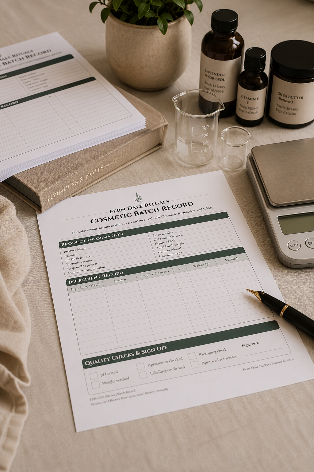A printed Fern Dale Makers Studio batch record alongside ingredient bottles, beakers and scales on a linen-covered workbench.